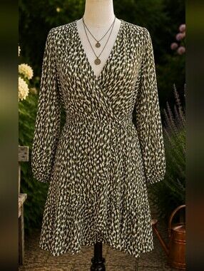 *Wrap Olive Print Long-Sleeve Dress